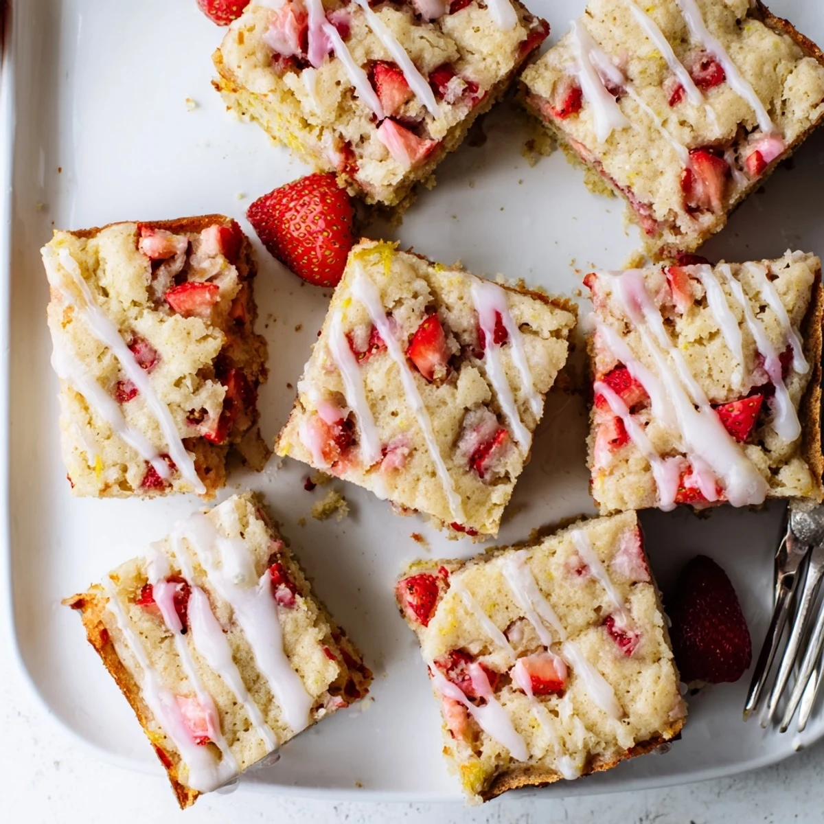 Chewy lemon blondies studded with fresh red strawberry pieces and topped with tangy icing