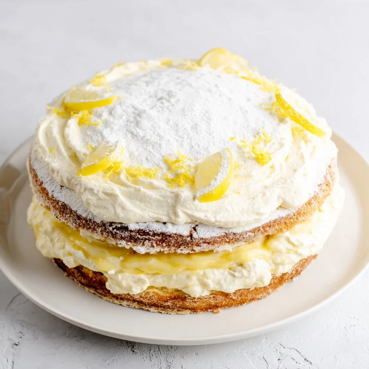 Italian lemon cream cake with fluffy sponge layers and smooth mascarpone lemon frosting