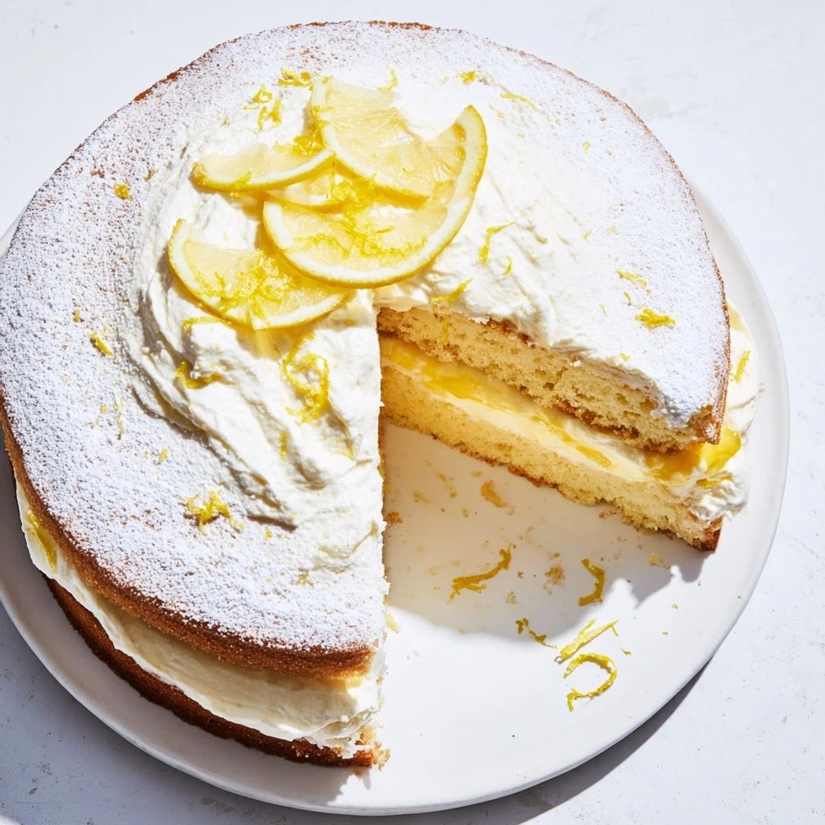 Golden Italian lemon cream cake slice dusted with powdered sugar on white plate