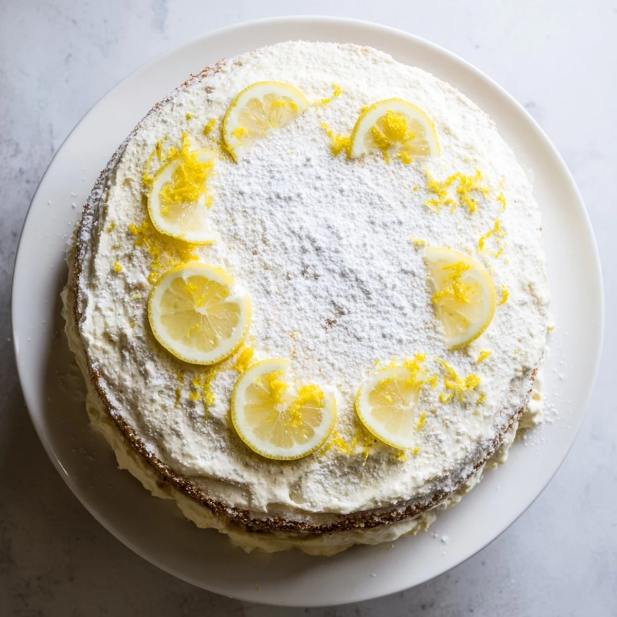 Two-layer Italian lemon cream cake topped with tangy mascarpone filling and fresh lemon zest