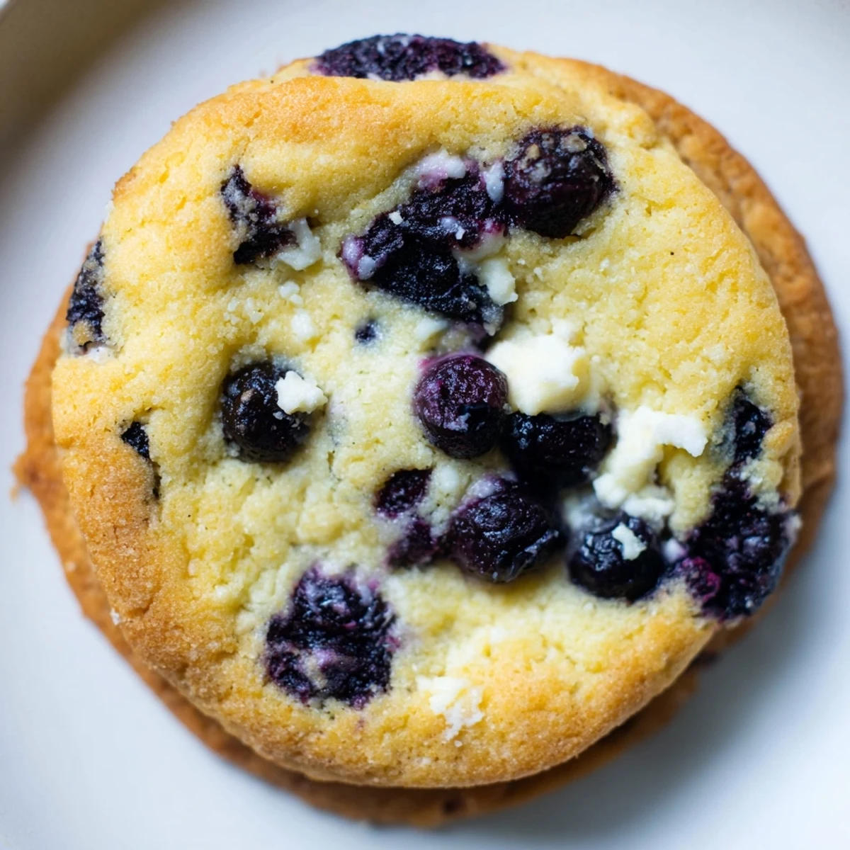 Soft lemon blueberry cheesecake cookies with plump blueberries on a white baking sheet