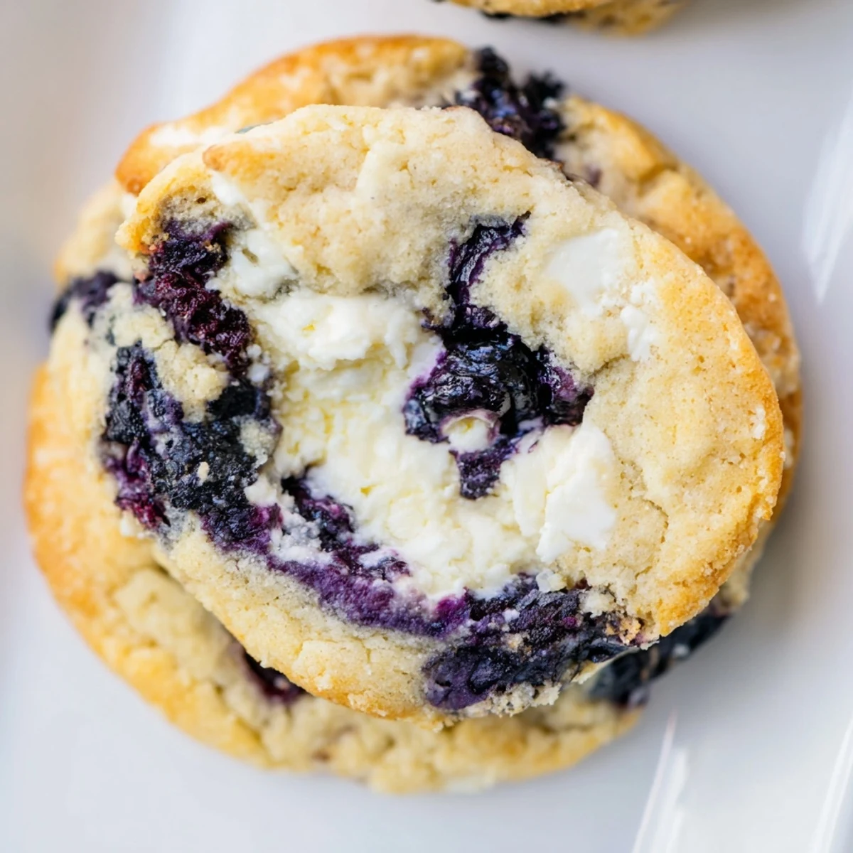 Baked lemon blueberry cheesecake cookies with golden edges and juicy fruit visible inside