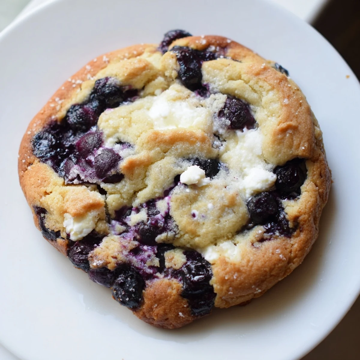 Golden lemon blueberry cheesecake cookies topped with fresh berries and creamy lemon glaze drizzle