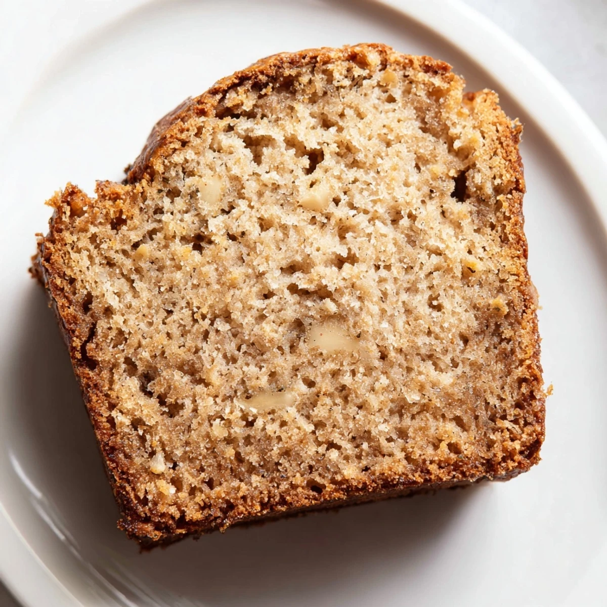 Thick slice of delicious banana bread on a wooden board, showing soft texture and perfect moisture