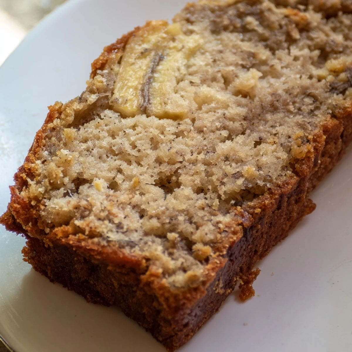 Golden brown moist banana bread loaf with a cracked top, freshly baked and ready for slicing