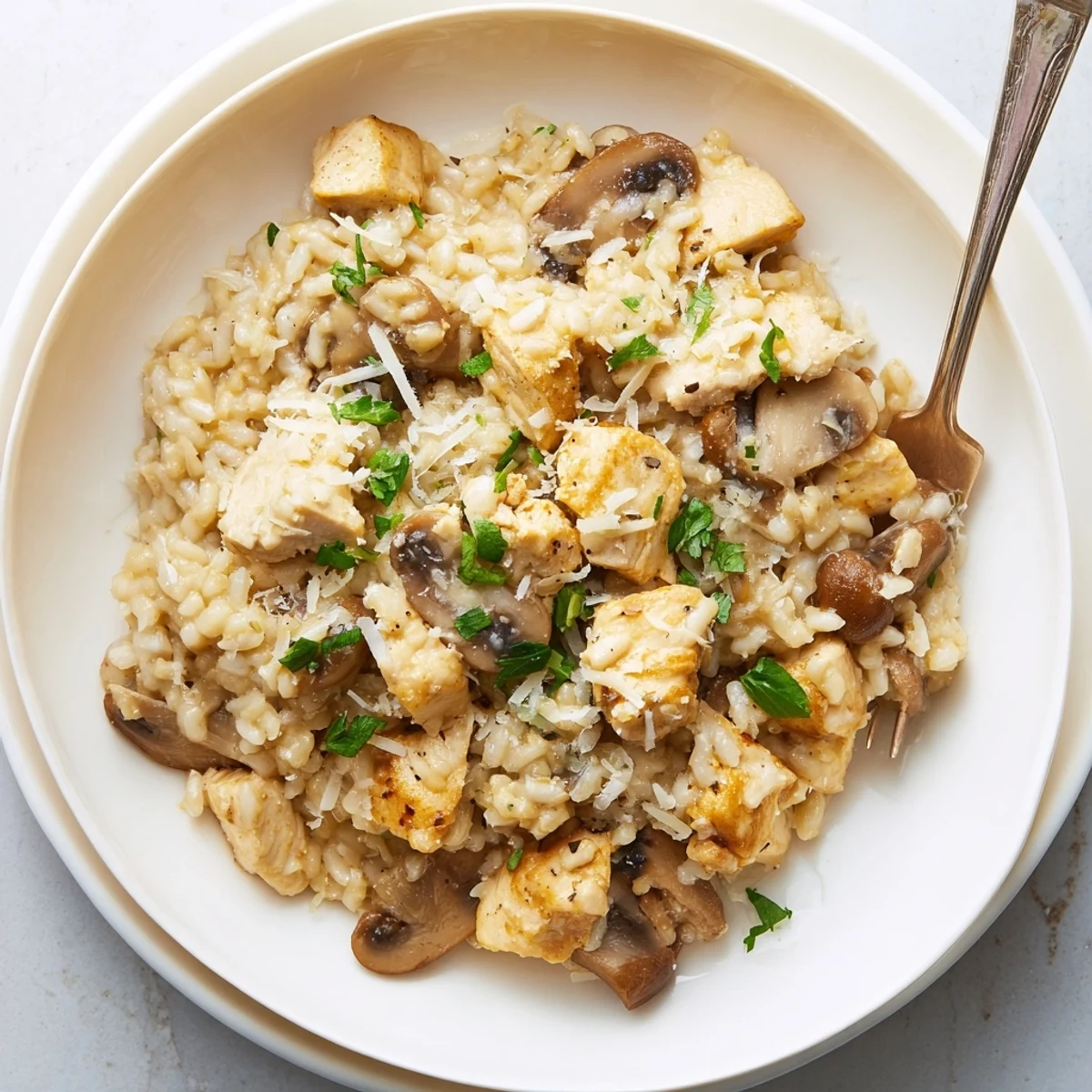 Golden chicken and mushroom baked risotto with creamy Arborio rice and melted Parmesan cheese