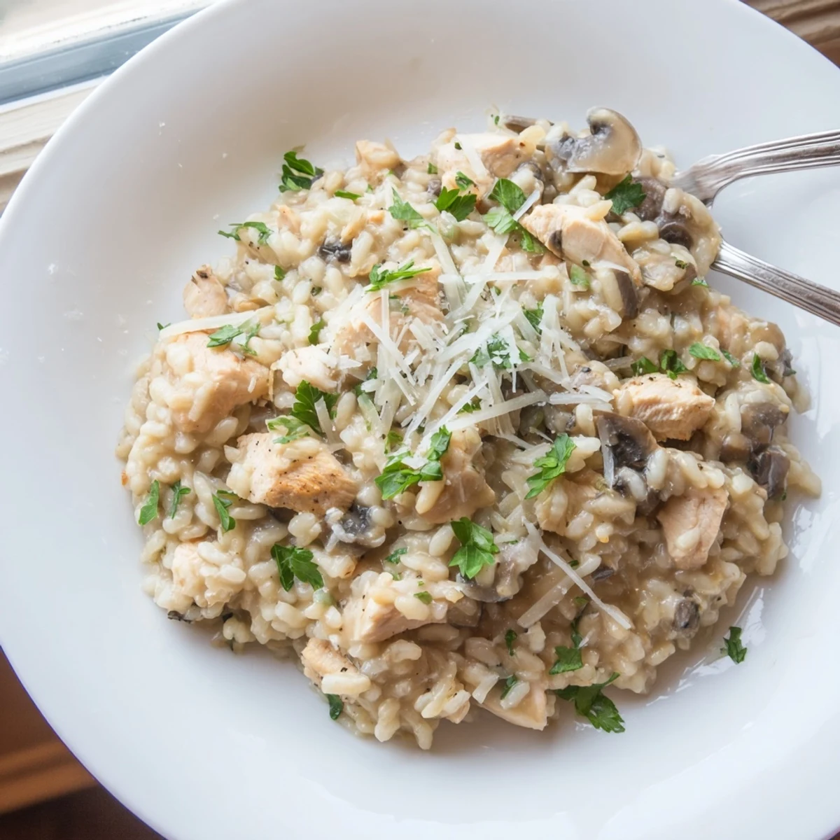 Tender diced chicken and sliced mushrooms in a rich, cheesy Italian risotto straight from the oven