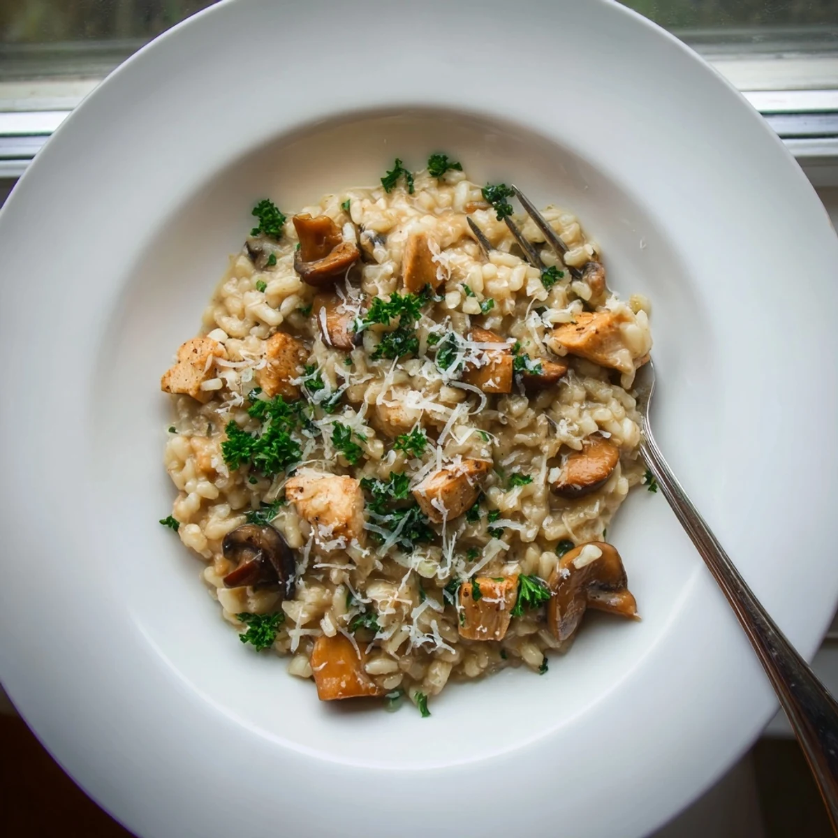 Creamy oven-baked chicken and mushroom risotto garnished with fresh parsley and extra grated cheese