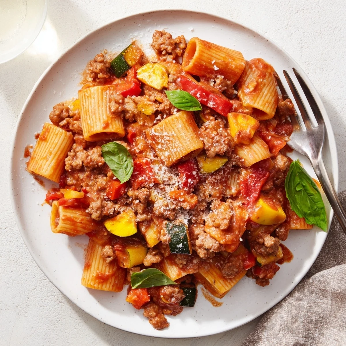 Rustic one pot sausage pasta featuring crumbled Italian sausage, zucchini, and creamy tomato sauce in a deep skillet