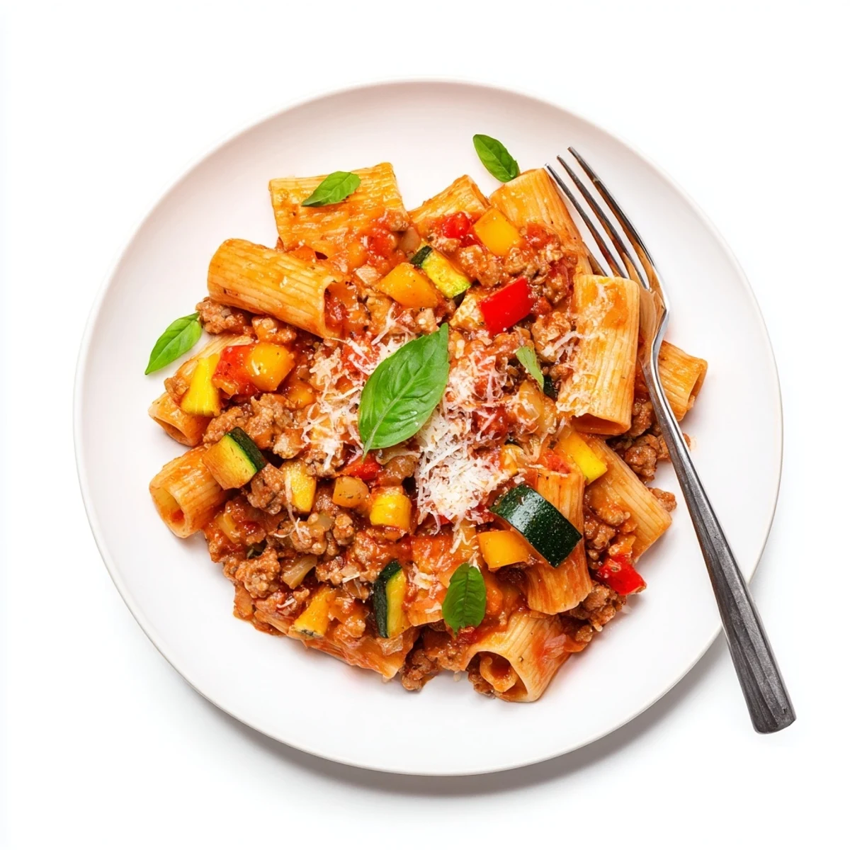 Steaming bowl of one pot sausage pasta with penne noodles in rich tomato sauce topped with fresh basil