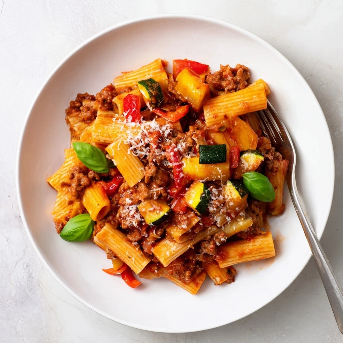 Close up of one pot sausage pasta with tender rigatoni, red bell peppers, and melted Parmesan cheese garnish