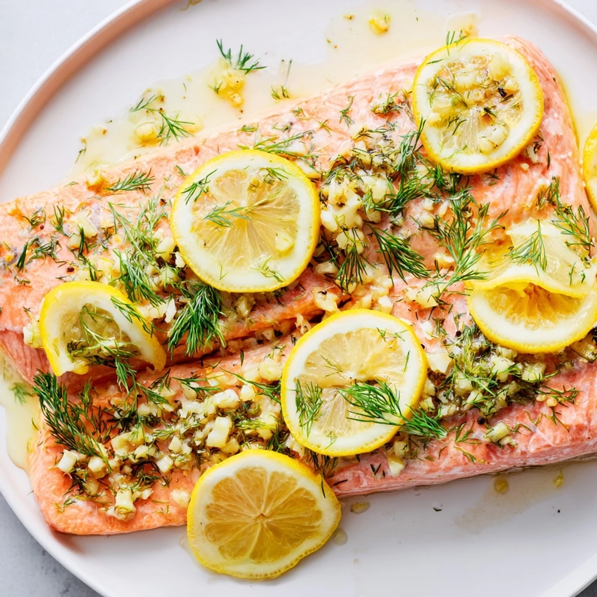 Golden baked dill and lemon salmon fillet garnished with fresh herbs on a white plate
