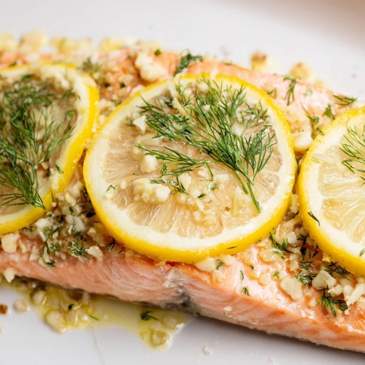 Flaky pink salmon baked with fresh dill weed and bright lemon slices for easy weeknight dinner