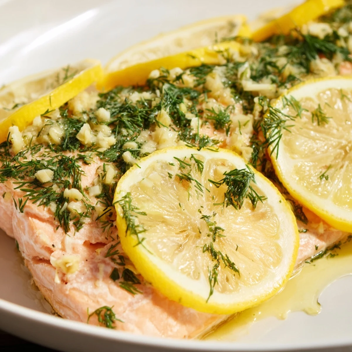 Perfectly oven-roasted salmon seasoned with aromatic dill and zesty lemon juice, ready to serve
