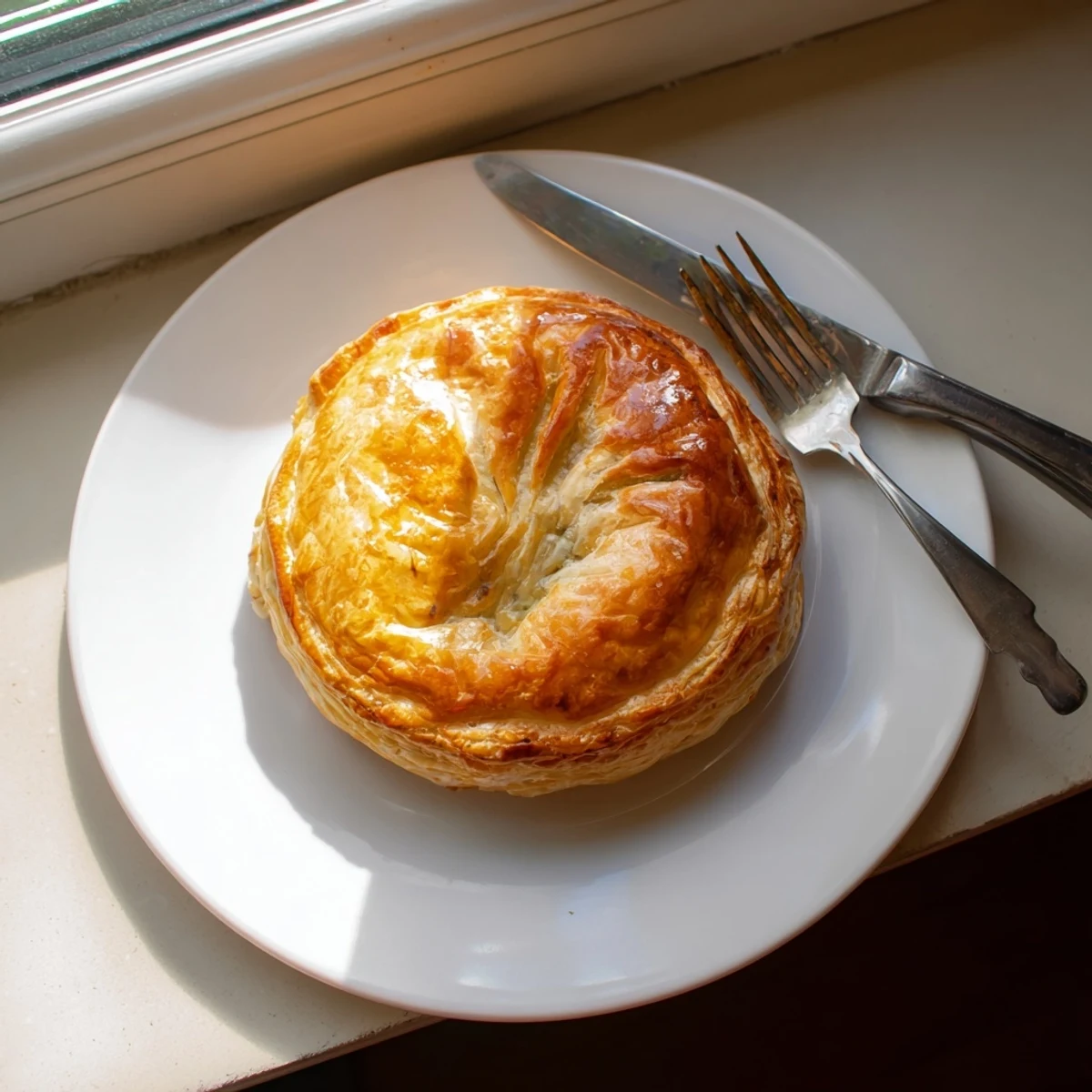 Golden brown rustic chicken ricotta and herb pie with flaky pastry crust on serving board