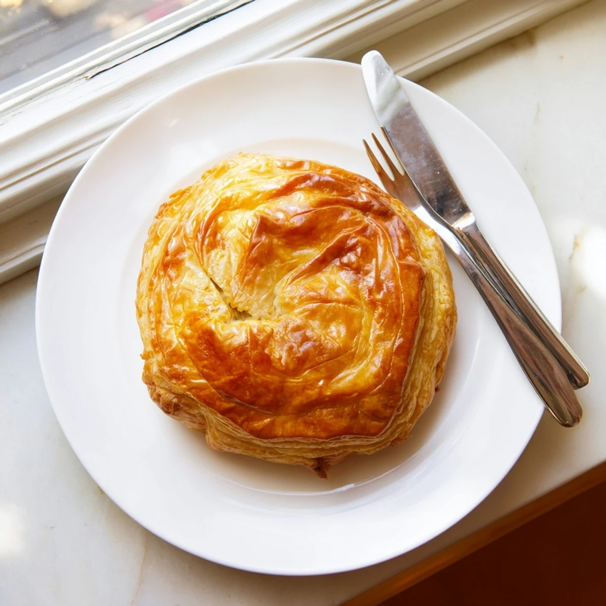 Slice of warm chicken ricotta and herb pie revealing creamy filling with fresh green herbs