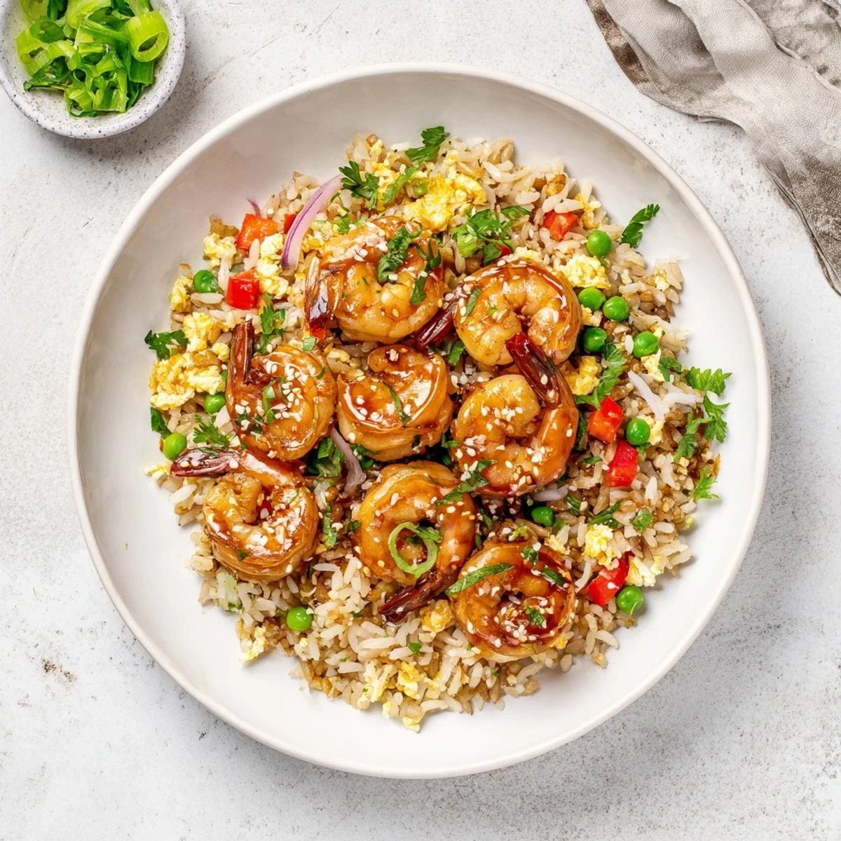 Savory Asian fusion bowl featuring buttery garlic prawns over sweet chilli fried rice