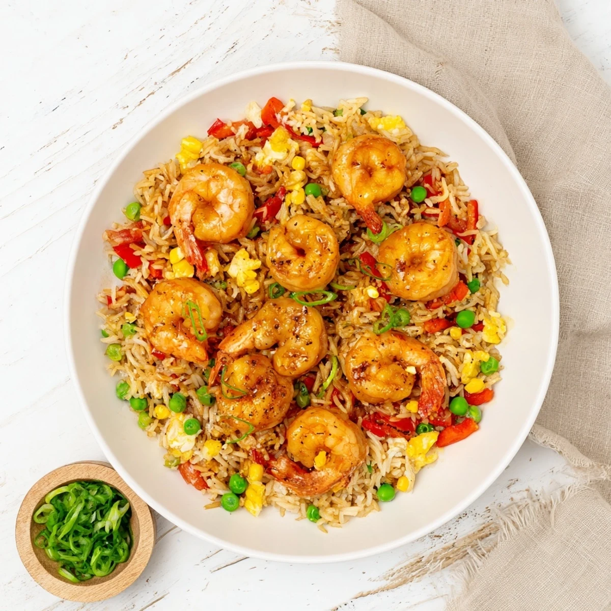 Golden garlic prawns resting atop colorful sweet chilli fried rice with vibrant vegetables