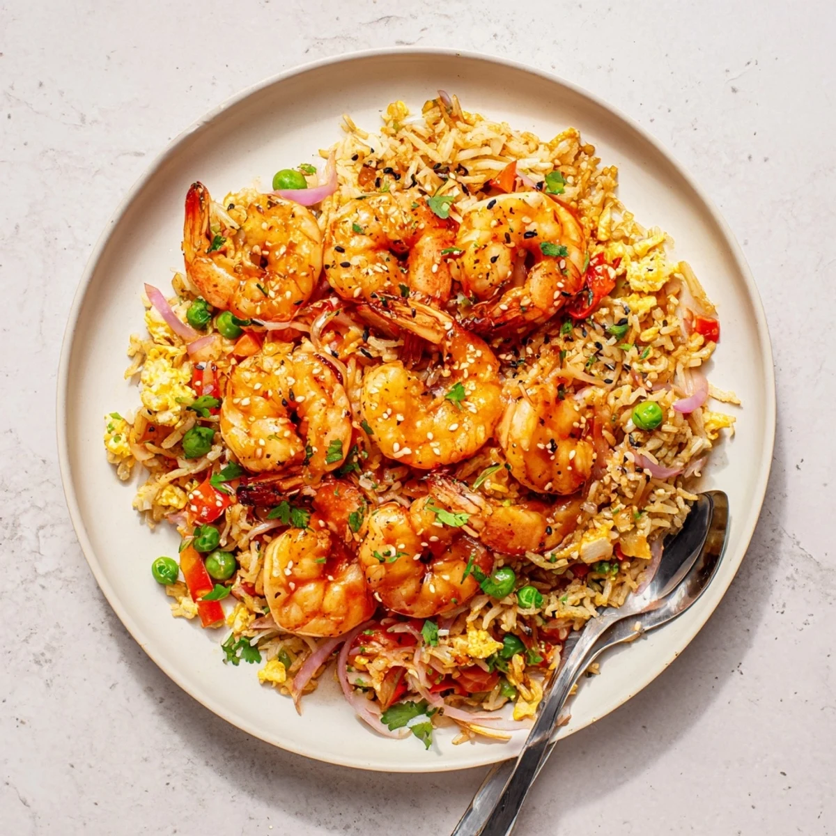 Plated garlic prawns and sweet chilli fried rice garnished with fresh green spring onions