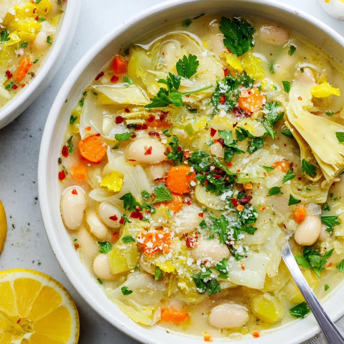 Creamy Lemony Tuscan Artichoke Soup garnished with fresh parsley and lemon wedges in a white bowl
