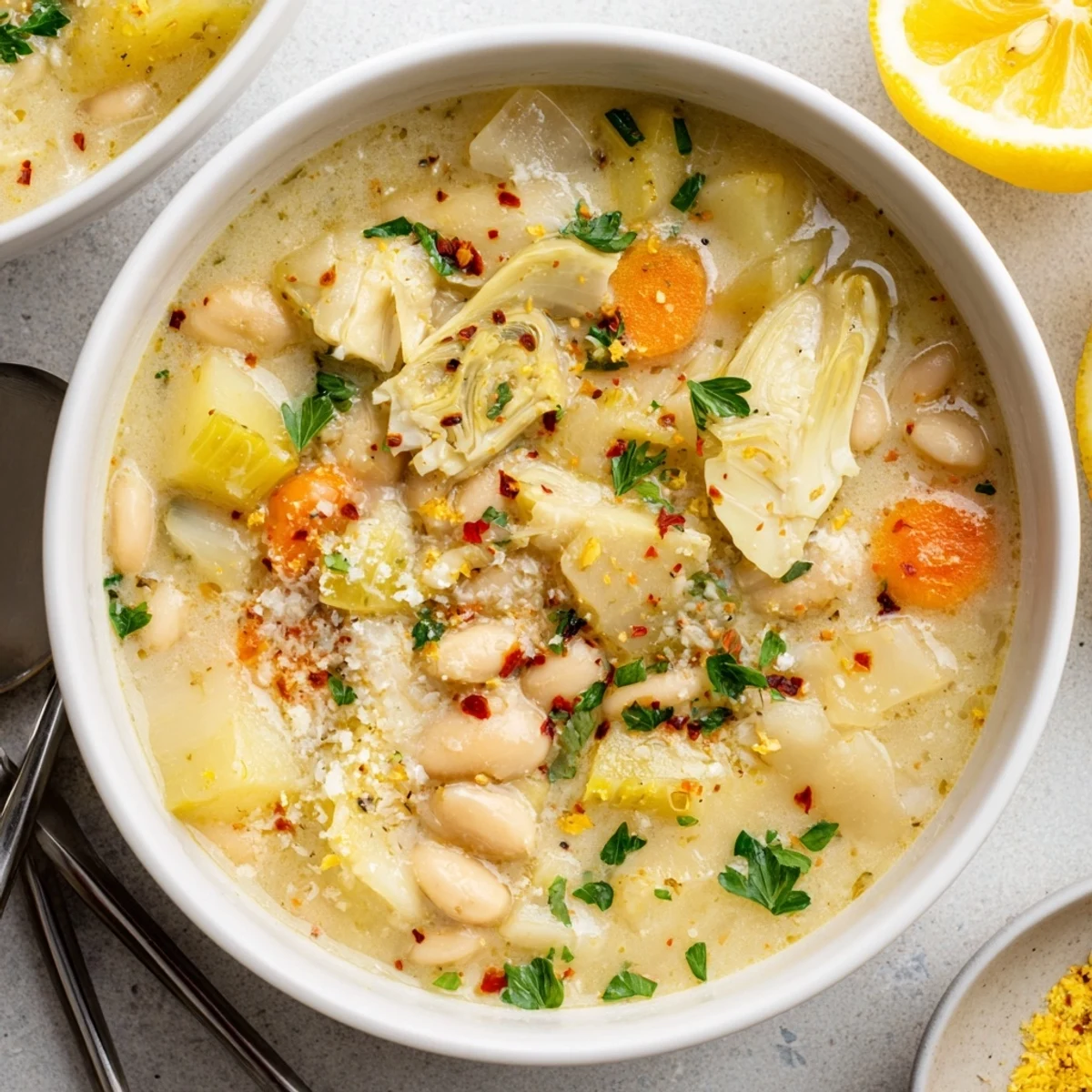 Golden Lemony Tuscan Artichoke Soup with chunky vegetables and parmesan cheese on a wooden dining table