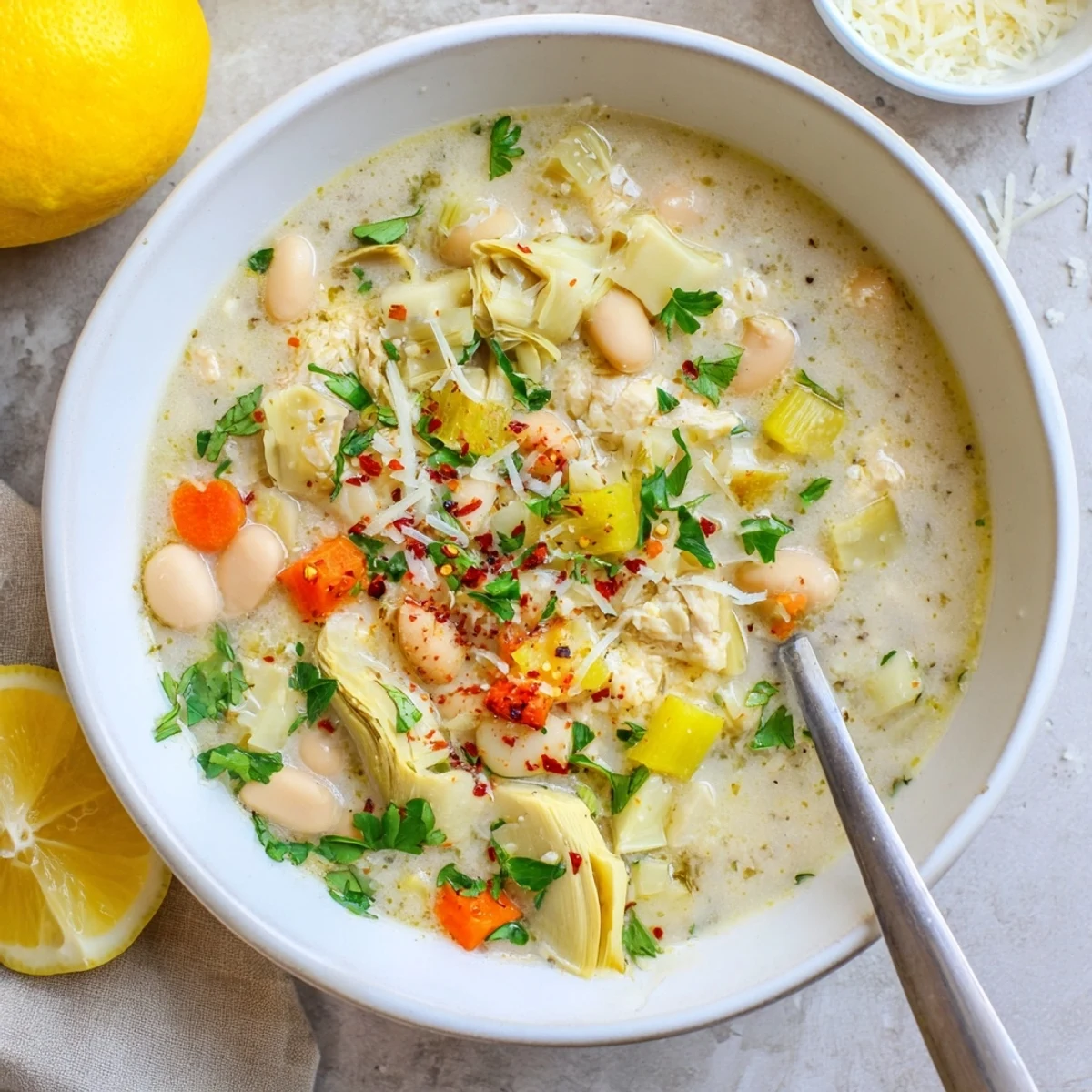 Rustic bowl of Tuscan artichoke soup featuring tender beans and vibrant herbs with a zesty citrus finish