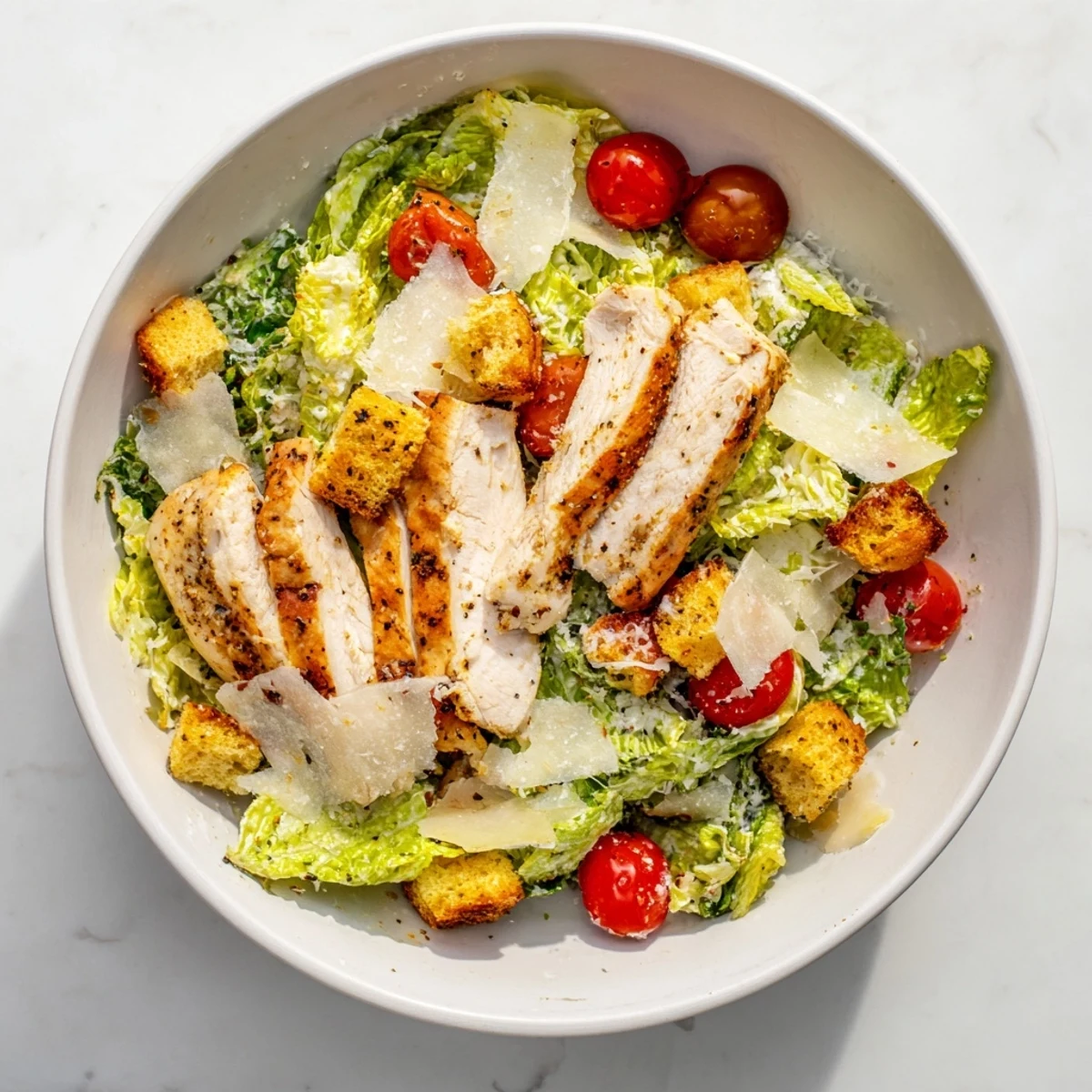 Golden brown grilled chicken breast slices resting on crisp romaine lettuce with parmesan shavings and croutons in this best chicken Caesar salad