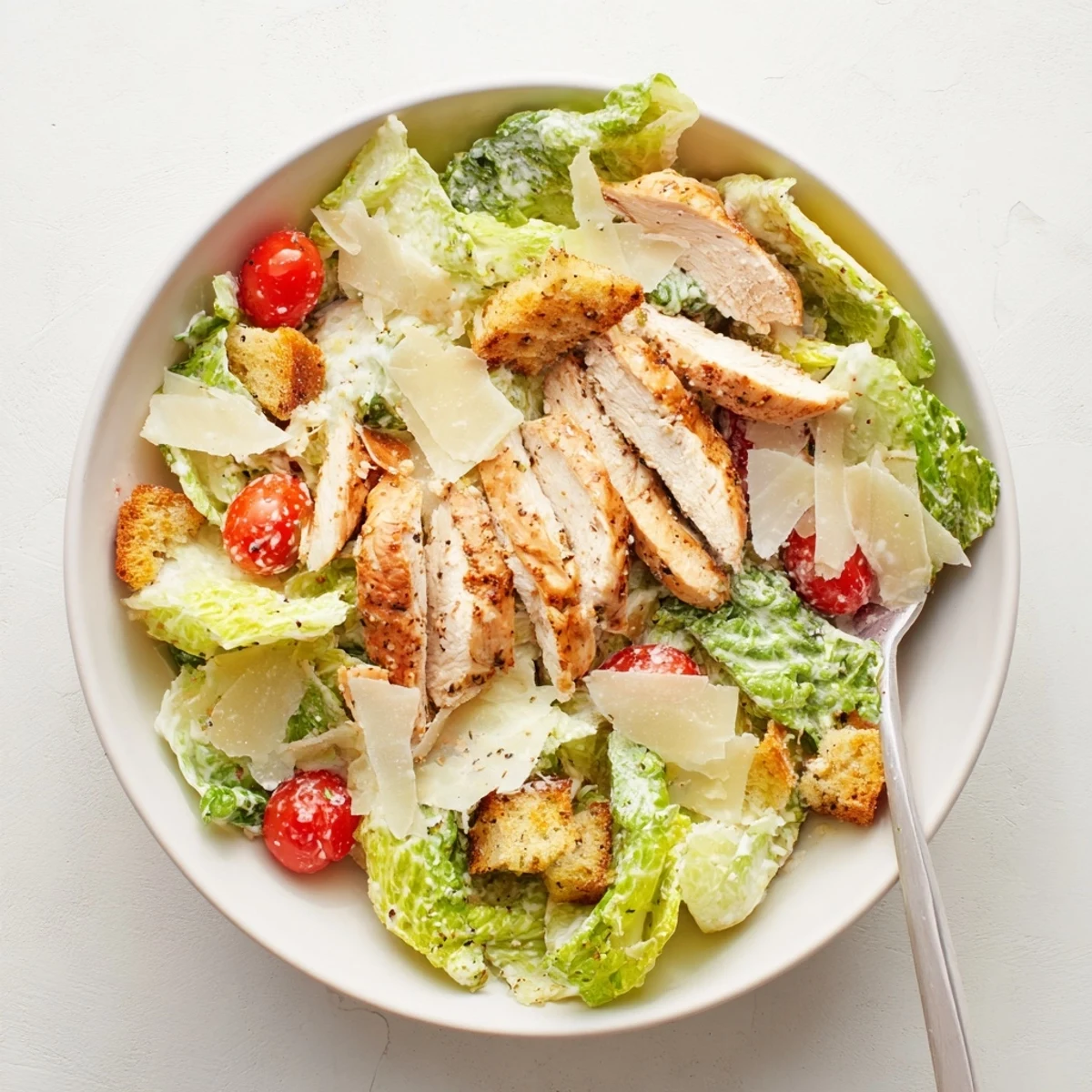 Fresh homemade Caesar dressing drizzled over juicy grilled chicken and crunchy romaine lettuce in this best chicken Caesar salad recipe