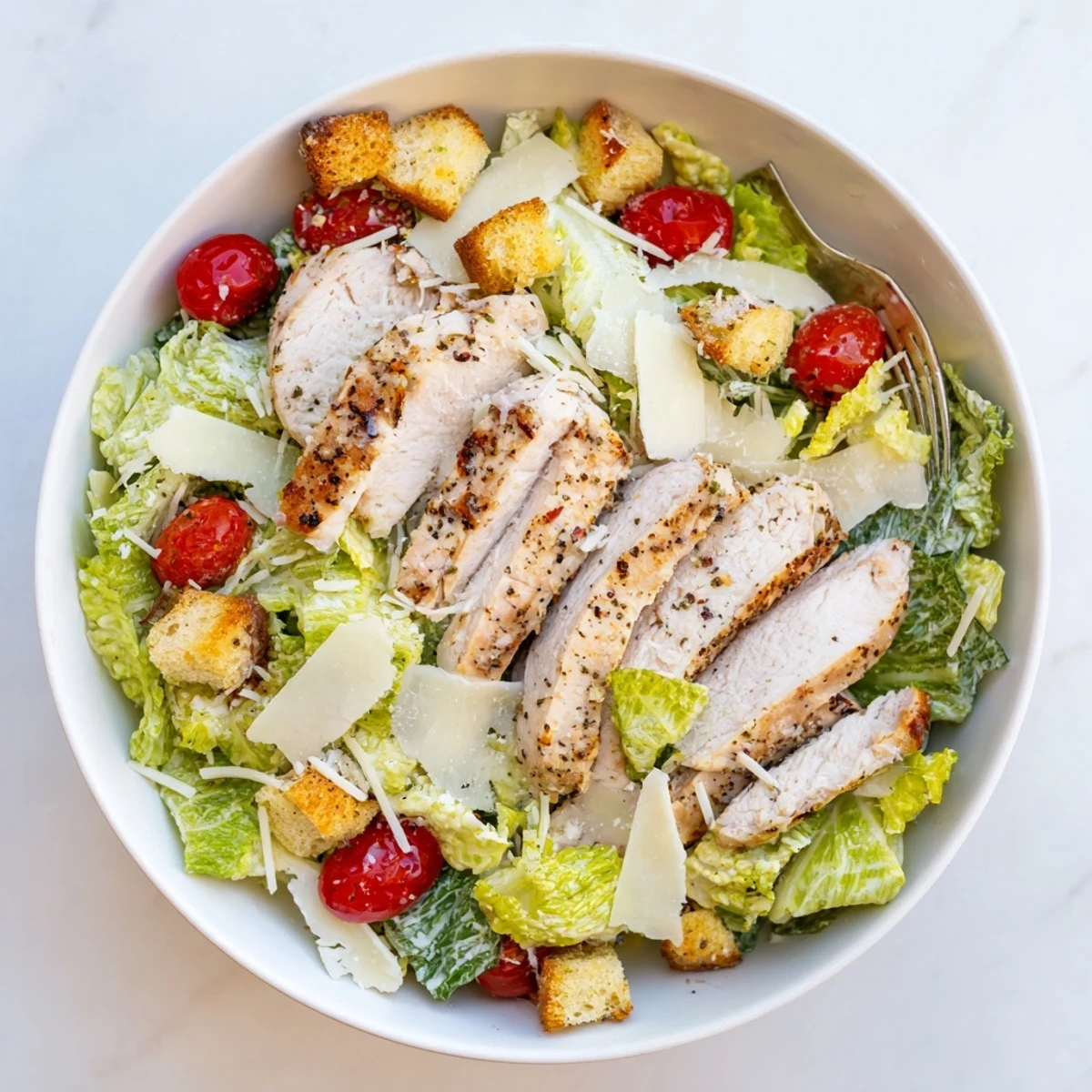 Sliced tender grilled chicken atop a bed of crisp romaine lettuce with cherry tomatoes and homemade dressing in this best chicken Caesar salad