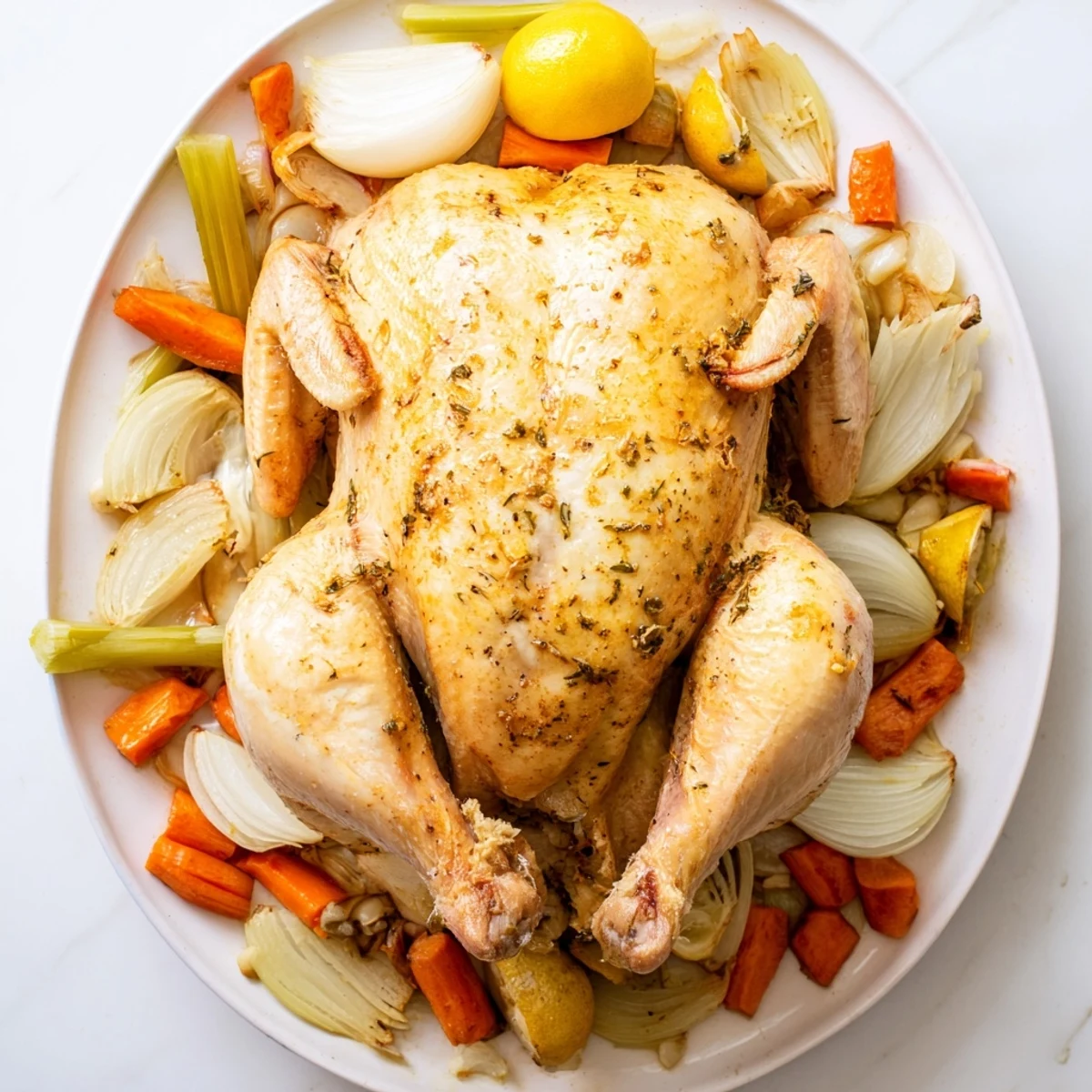 Golden whole roast garlic and lemon chicken with crispy herb-seasoned skin on a platter