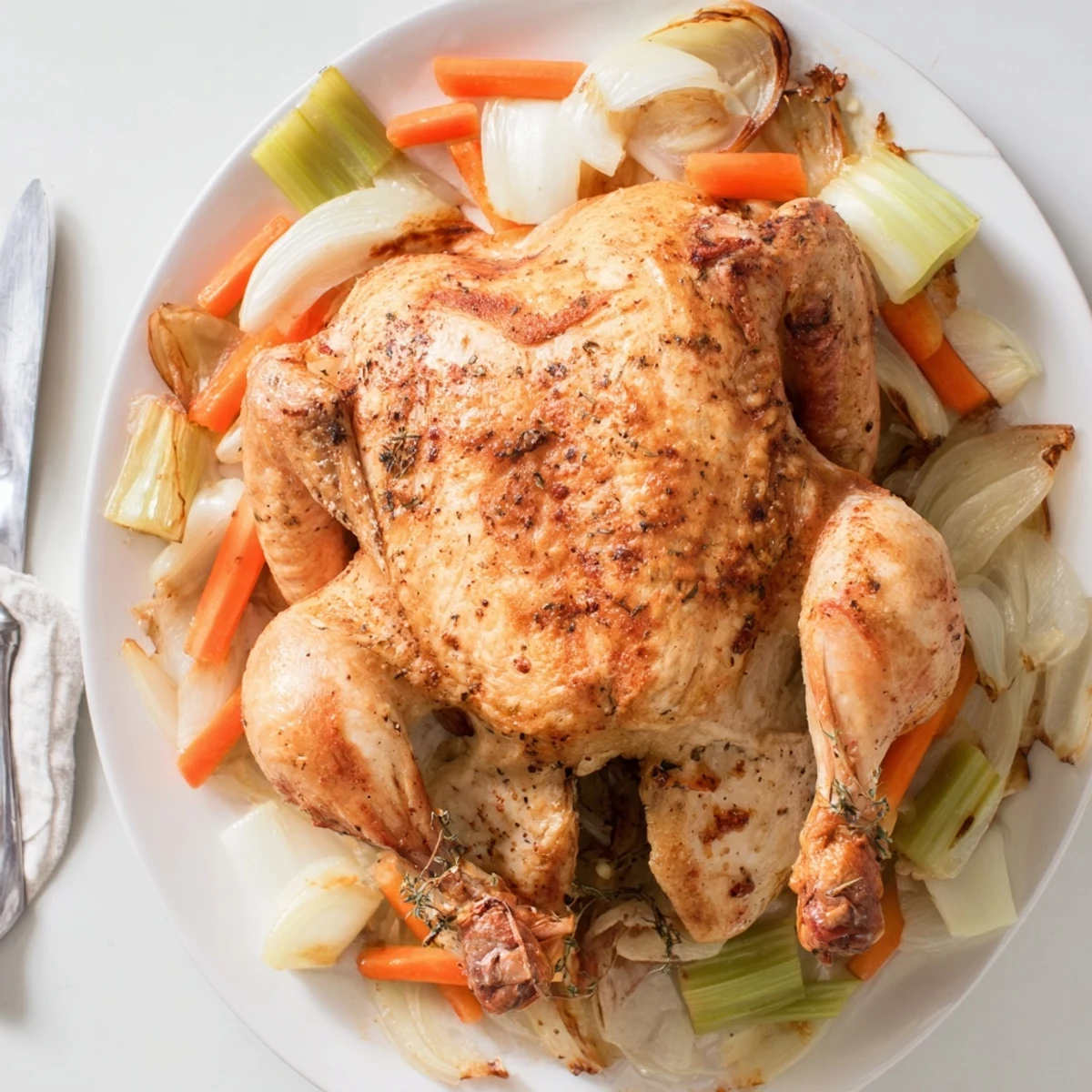 Mediterranean-style roast garlic and lemon chicken surrounded by caramelized roasted carrots and onions