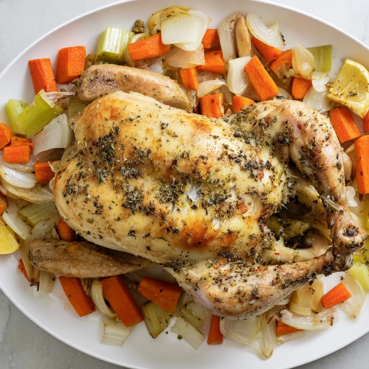 Juicy herb-rubbed roast garlic and lemon chicken resting on a cutting board ready to carve
