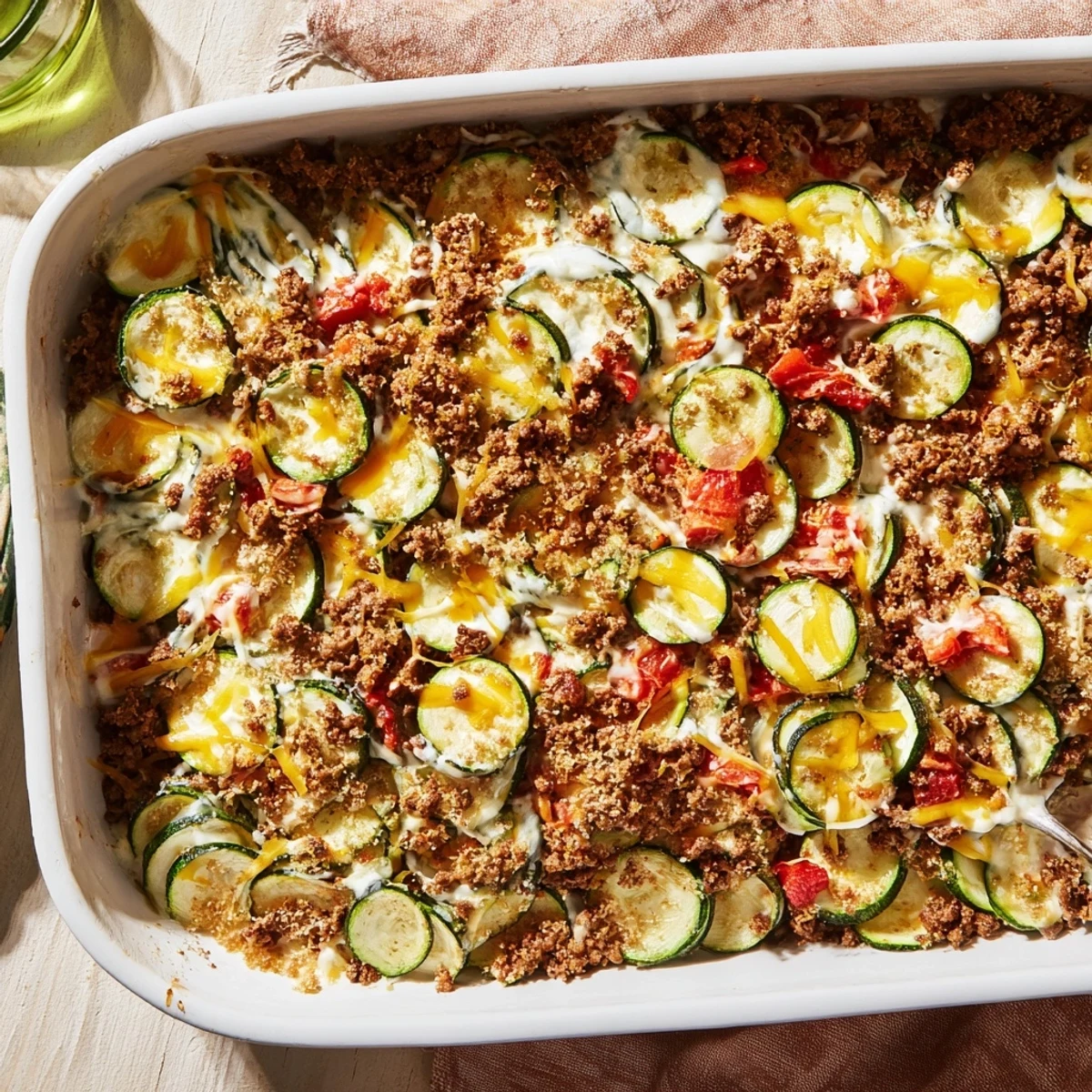 Golden bubbling cheesy beef zucchini casserole with melted cheddar topping and fresh sliced zucchini layers