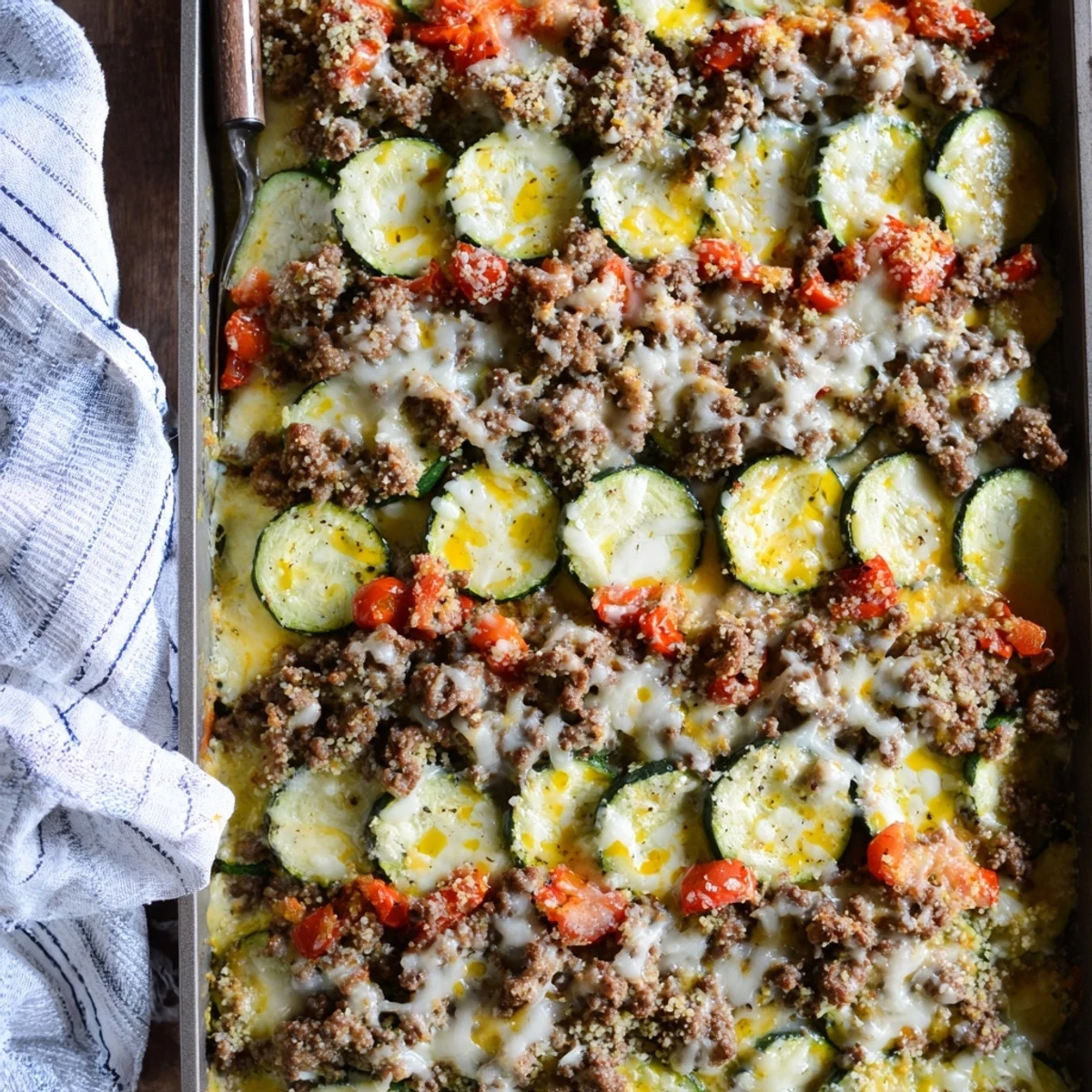 Hearty ground beef and zucchini casserole baked to golden perfection with cheesy breadcrumb crust