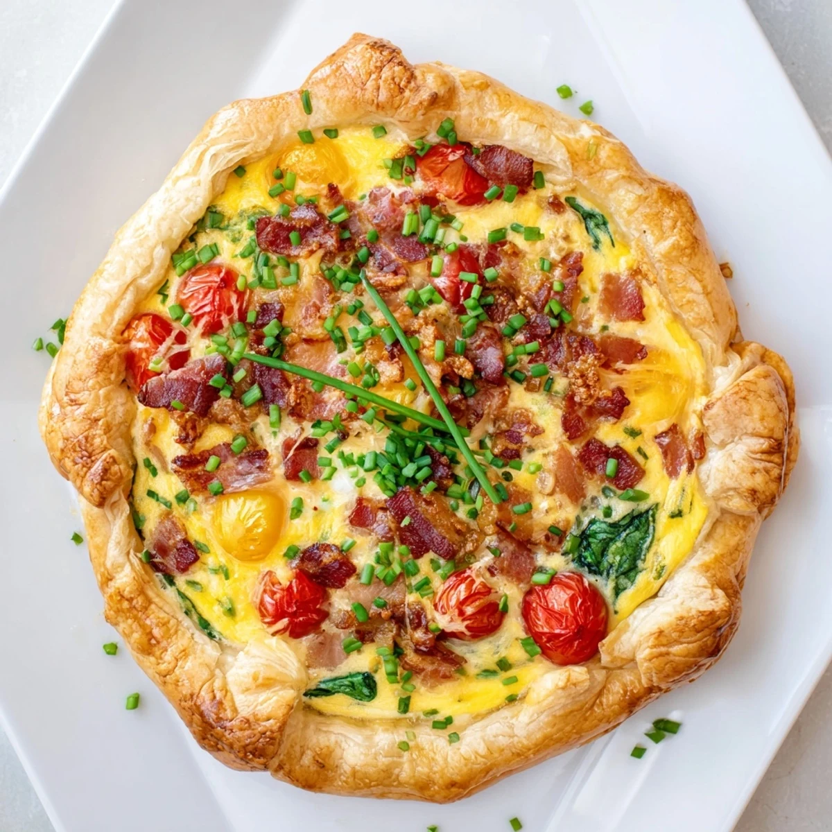 Golden flaky family breakfast tart with cheesy egg custard, bacon, and colorful fresh vegetables baked to perfection