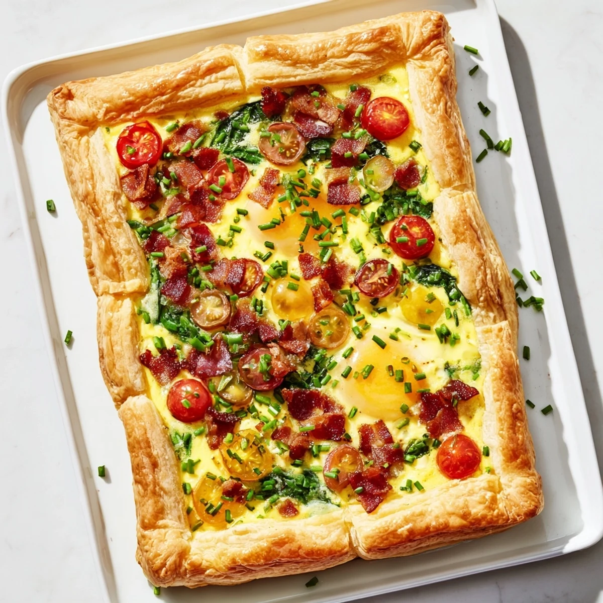 Savory family breakfast tart featuring puff pastry crust filled with creamy eggs, crispy bacon, and vibrant cherry tomatoes
