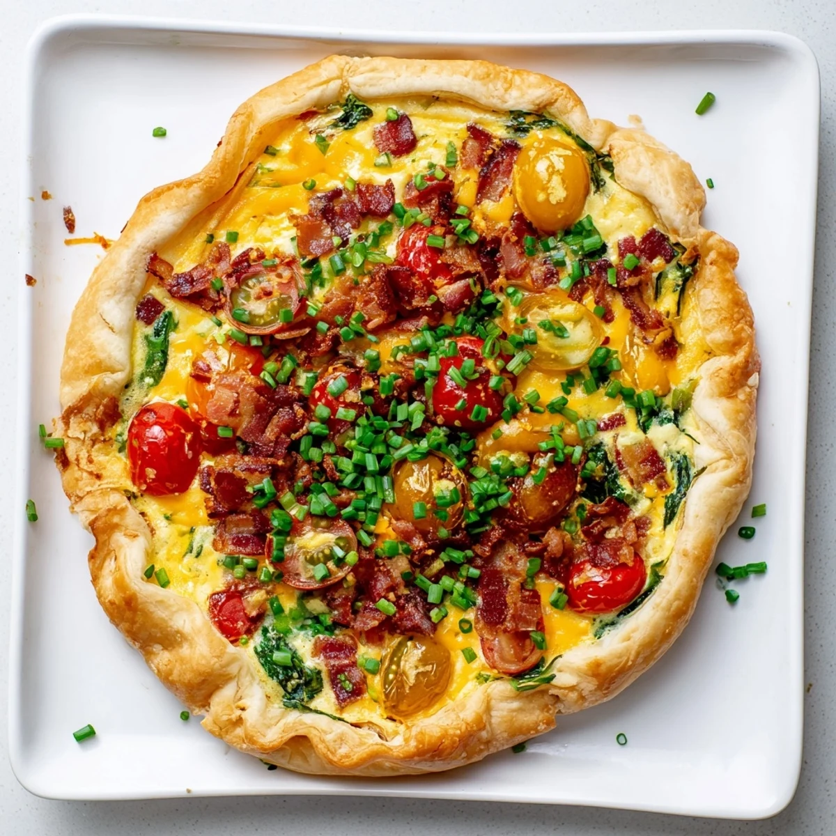 Slice of warm family breakfast tart displaying golden pastry, fluffy egg filling, bacon bits, and garnish of fresh chives
