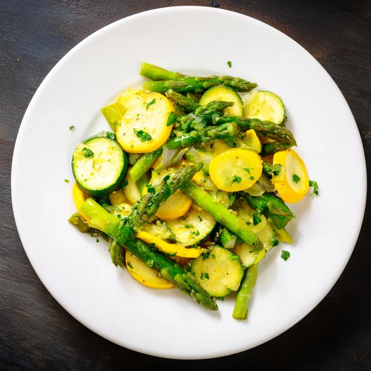 Colorful skillet of flavorful asparagus with zucchini and squash garnished with fresh parsley