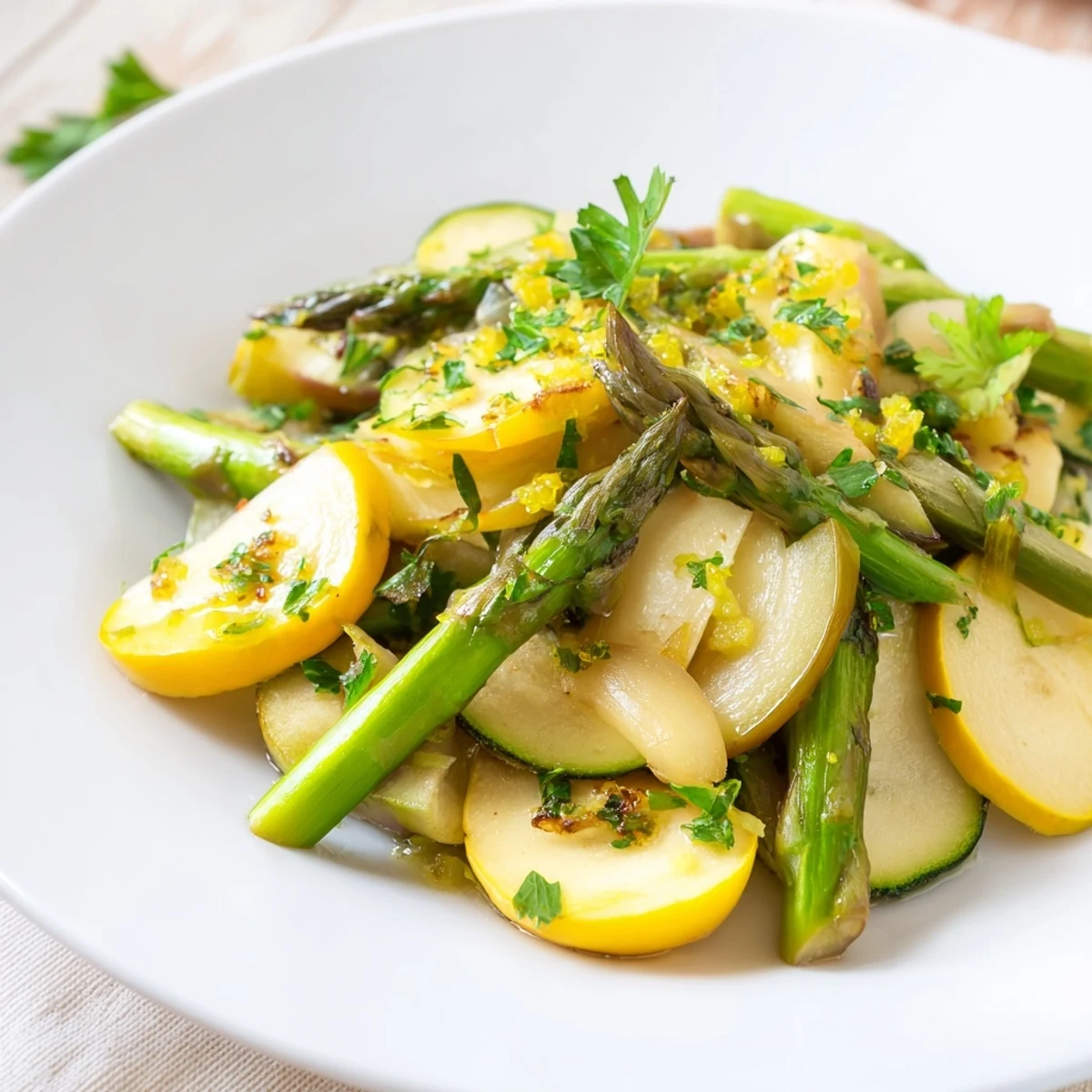 Golden flavorful asparagus with zucchini and squash in a white serving bowl with herbs