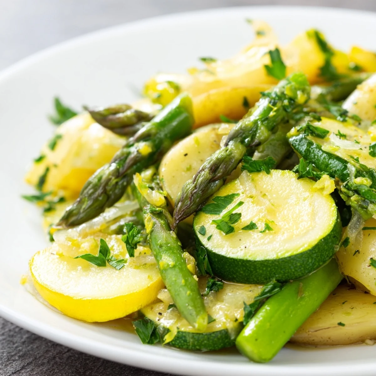 Sautéed vegetable medley featuring tender asparagus zucchini and yellow squash with lemon and herbs