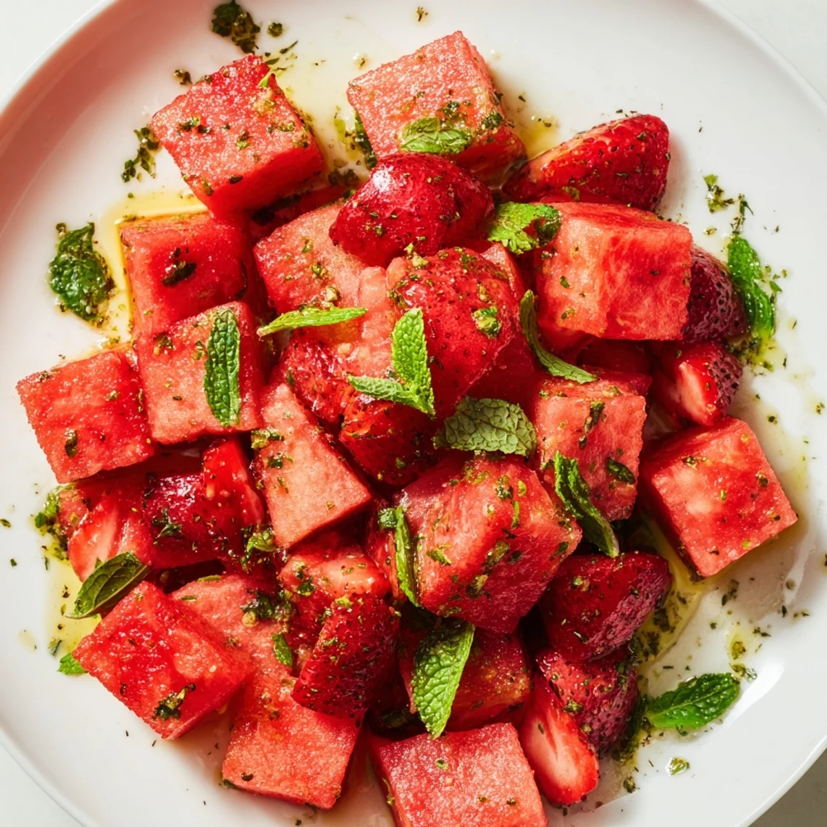 Fresh strawberry watermelon salad drizzled with tangy honey lime vinaigrette and garnished with mint leaves