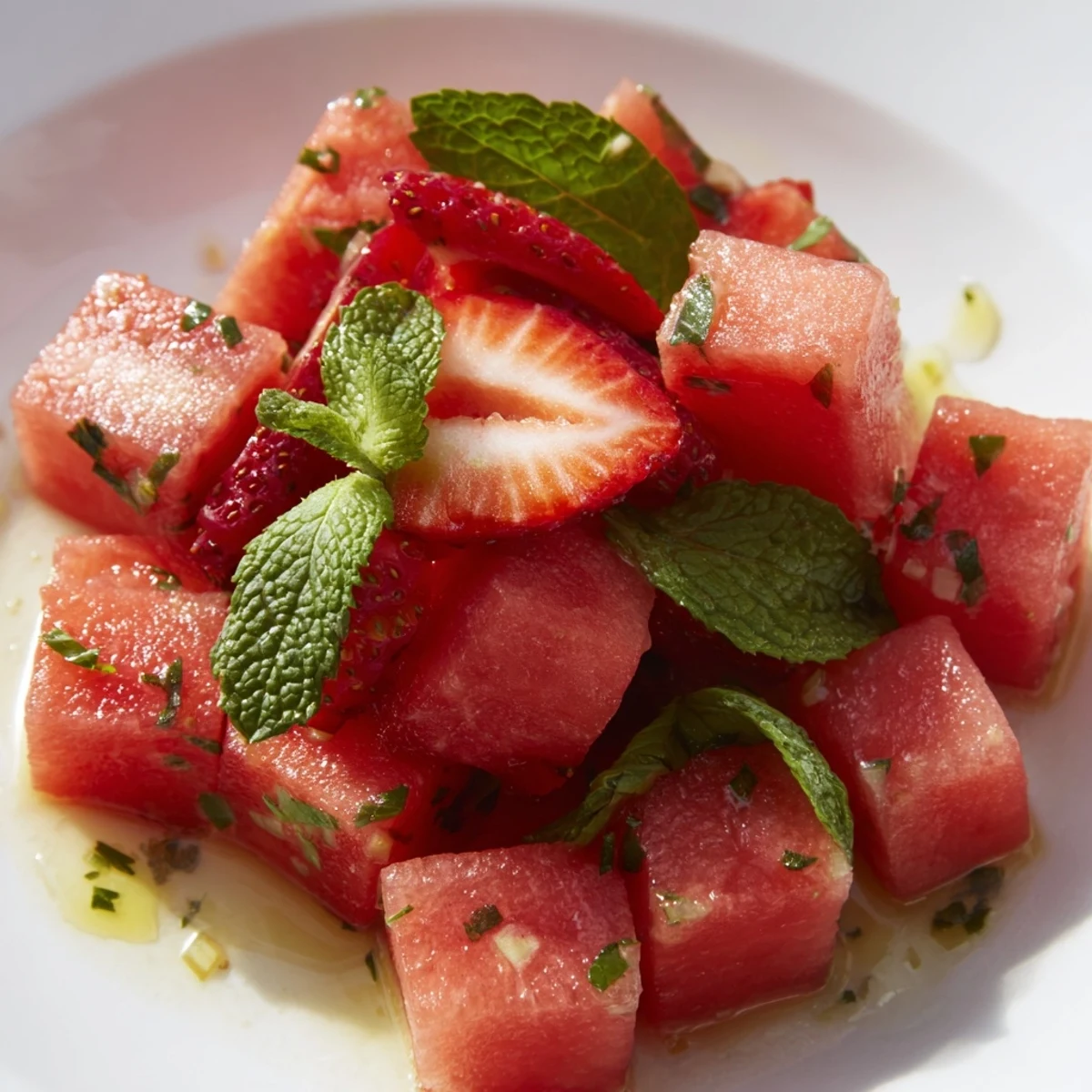 Colorful summer bowl featuring juicy watermelon chunks and sweet strawberries coated in honey lime dressing
