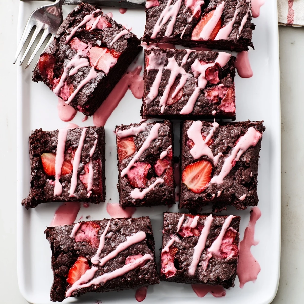 Fudgy Easy Strawberry Brownies topped with sweet strawberry glaze and fresh strawberry pieces