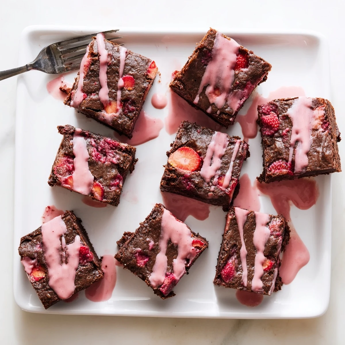 Chocolatey Easy Strawberry Brownies with juicy strawberry bits baked into a rich fudgy texture