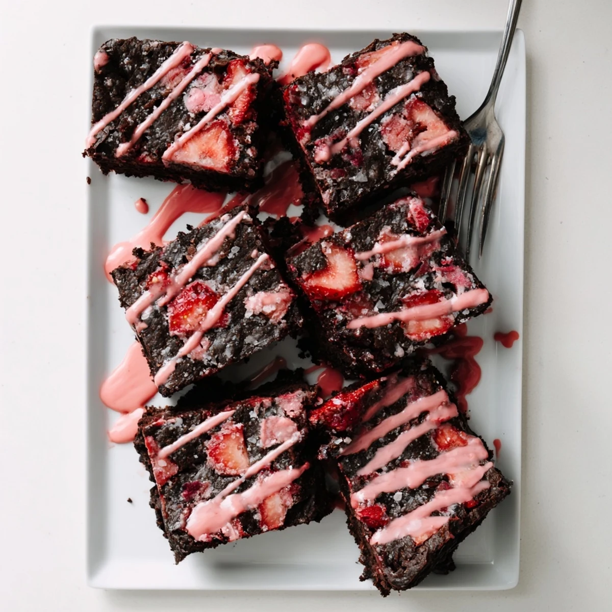 Square slice of Easy Strawberry Brownies drizzled with pink strawberry glaze on a white plate