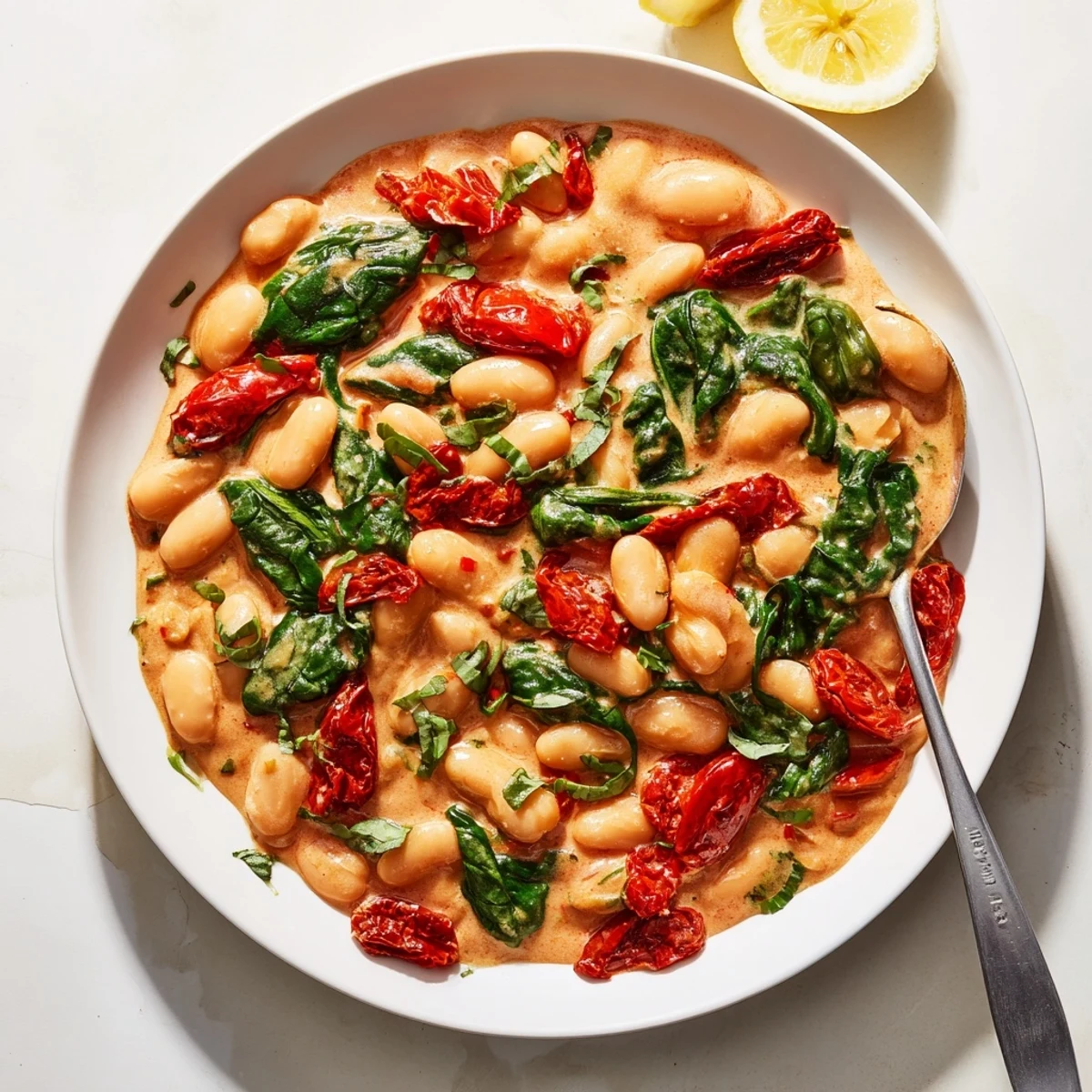 Mediterranean butter beans simmered with sun-dried tomatoes and spinach in tangy yogurt tomato sauce