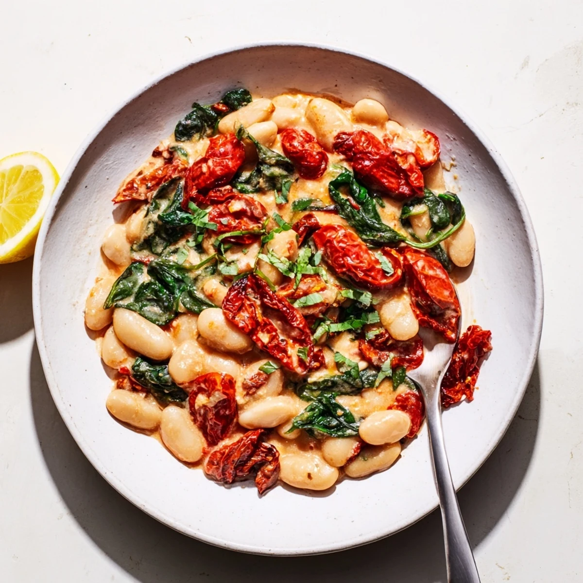 Golden creamy butter beans swimming in rich Greek yogurt tomato sauce with fresh basil garnish
