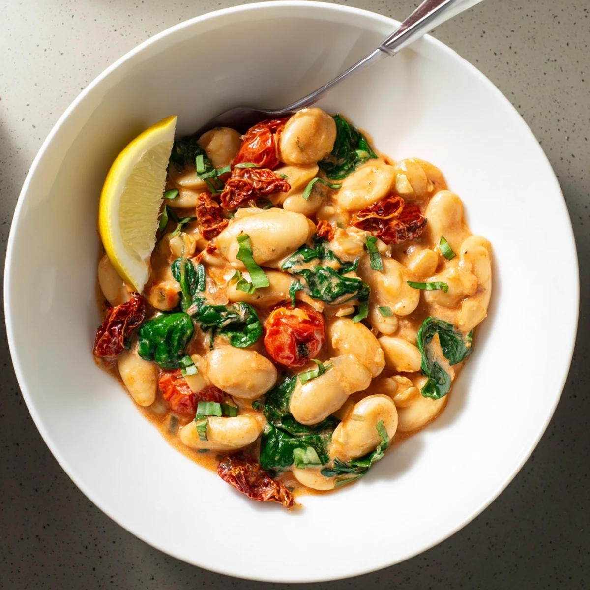 Comforting bowl of Greek yogurt butter beans topped with fresh herbs and lemon wedges