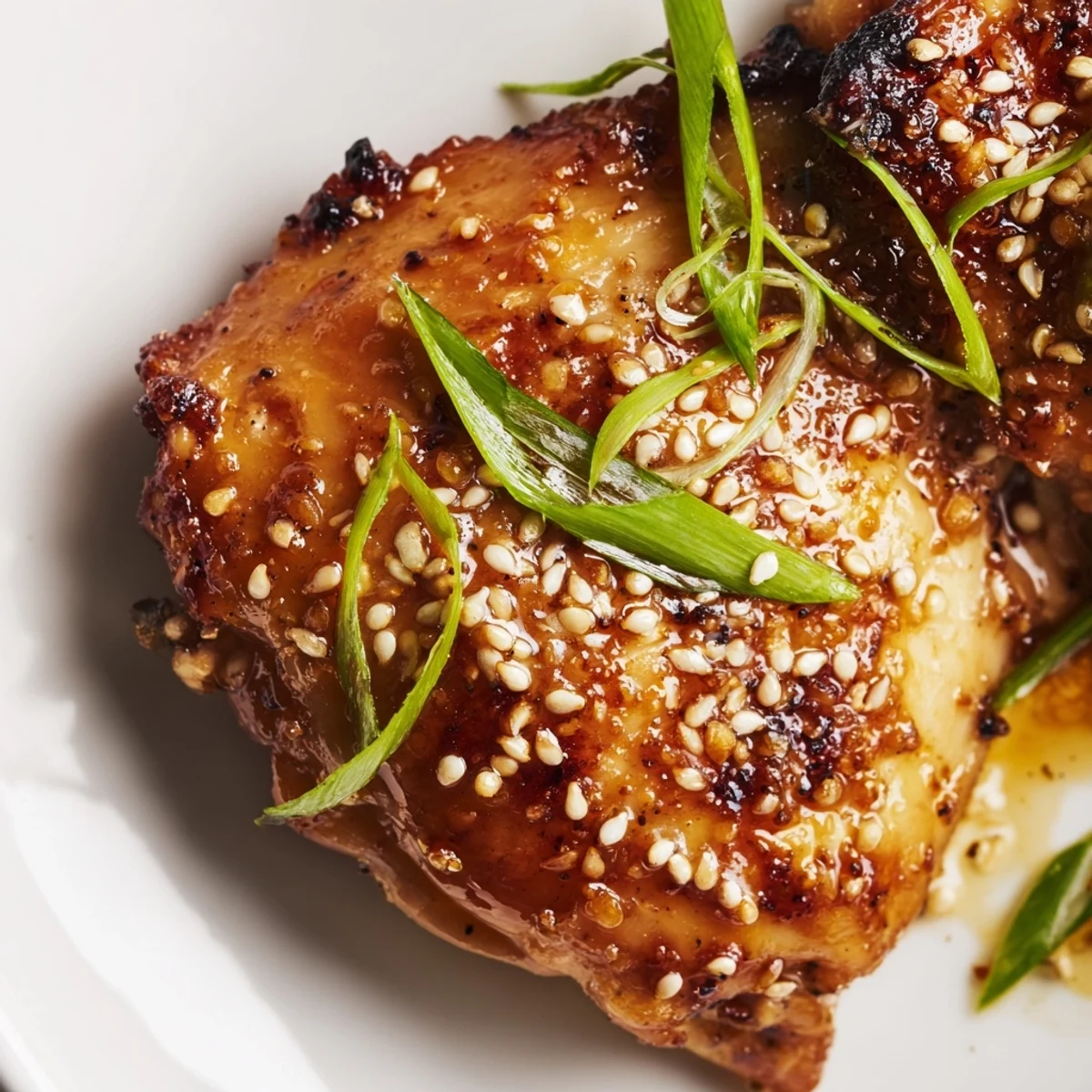 Juicy oven-baked chicken thighs glazed in savory garlic miso marinade on a white platter