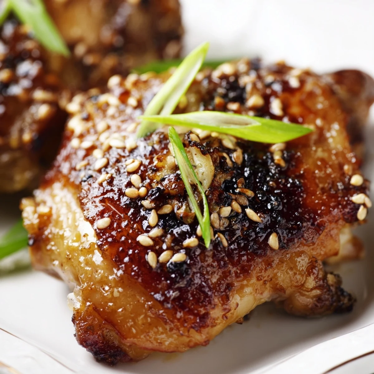 Golden roasted garlic miso chicken thighs with caramelized edges and toasted sesame garnish
